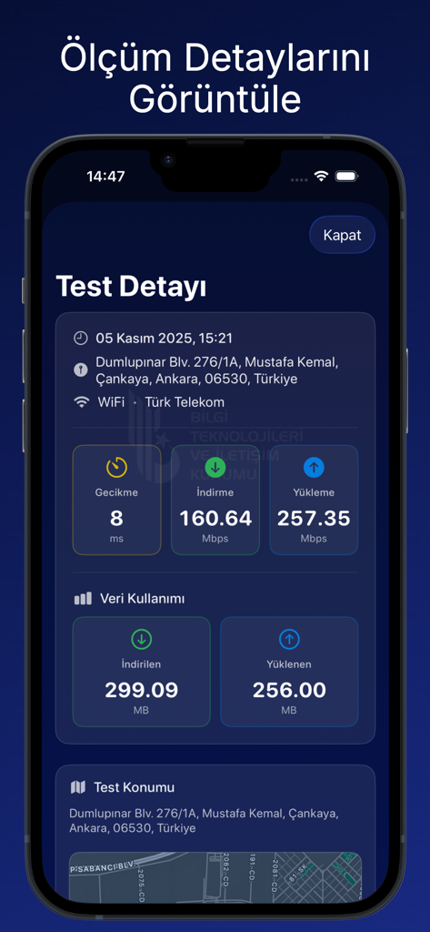 BTK Hız Testi - Interface of the BTK speed test app displaying detailed internet performance metrics including download and upload speeds