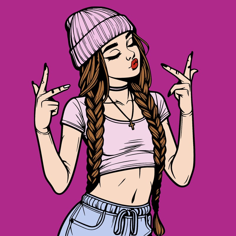 realistic teenage girl with braids and a beanie and crop top doing 🫶🏼