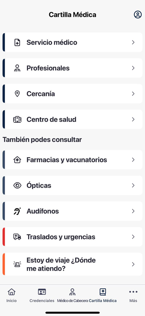 Mi PAMI - Screen from the Mi PAMI app displaying the medical directory menu with icons for healthcare services professionals pharmacies and emergency transport