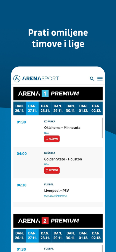 TV Arena Sport app interface showing a live schedule for basketball and football matches including NBA and Champions League.