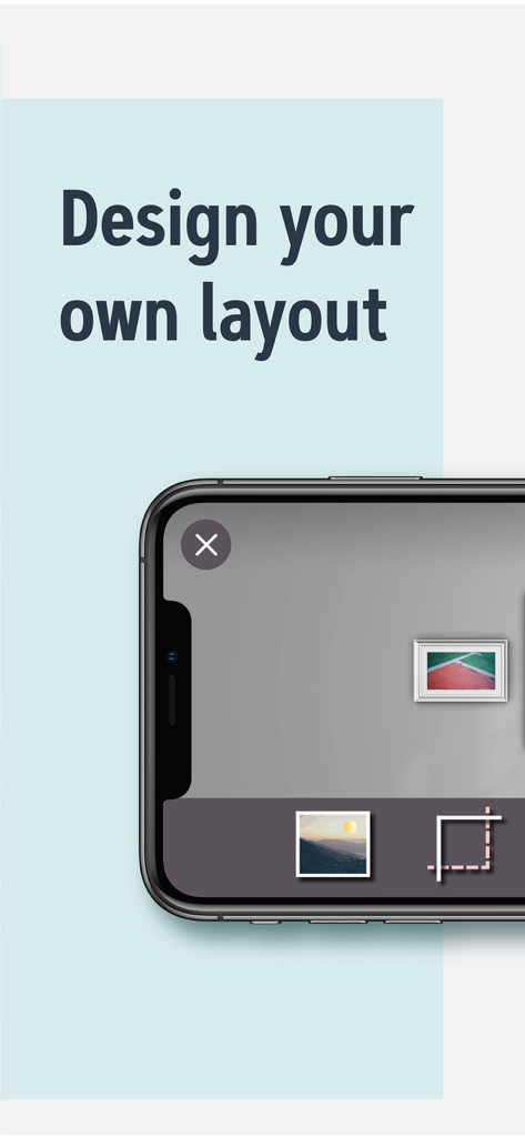 Interfaz de la aplicación Wallary mostrando cómo diseñar una composición de pared de galería personalizada usando realidad aumentada