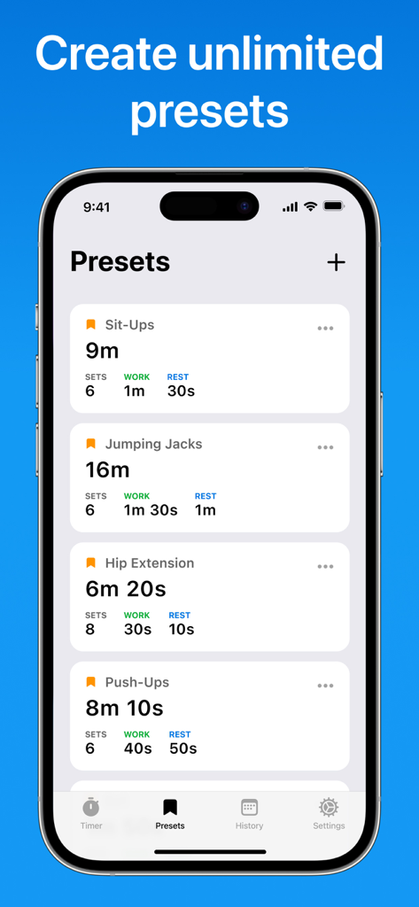 Interval Timer: Tabata & HIIT - A list of customizable exercise presets in the Interval Timer app showing work and rest durations
