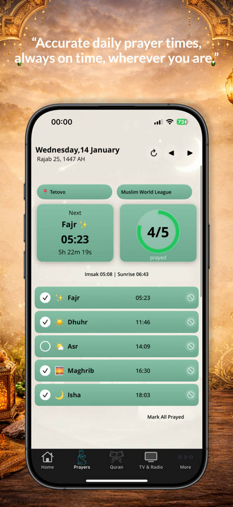 Quran & Qibla - Prayer Times - A mobile phone screen displaying accurate daily Islamic prayer times and a prayer progress tracker