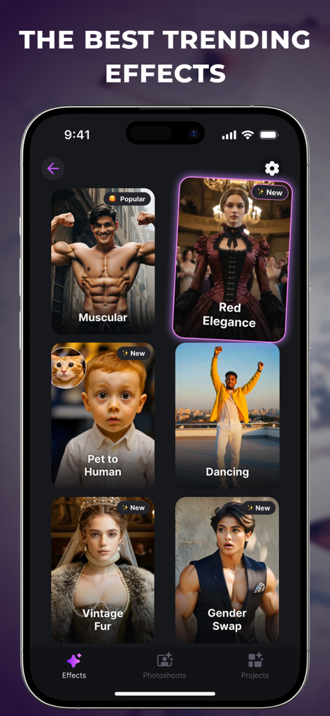 AI Photo Animator & Creator - Smartphone screen showing a variety of trending AI effects including muscular transformation red elegance and gender swap