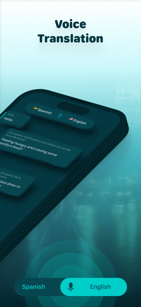 Interface of the Hey Translator app showing real-time voice translation from Spanish to English with a chat-style dialog.