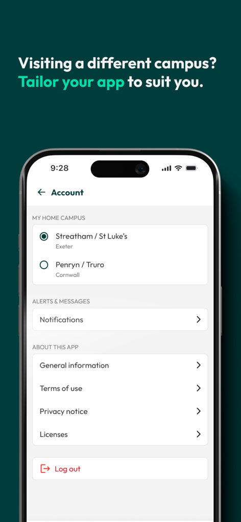 MyExeter - MyExeter app account screen showing home campus selection and notification settings