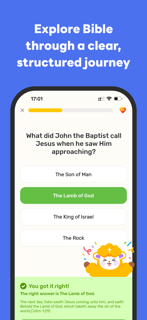 Manna: Daily Bible Study - Pantalla de cuestionario interactivo de estudio bíblico en la app Manna mostrando una respuesta correcta y una barra de progreso.