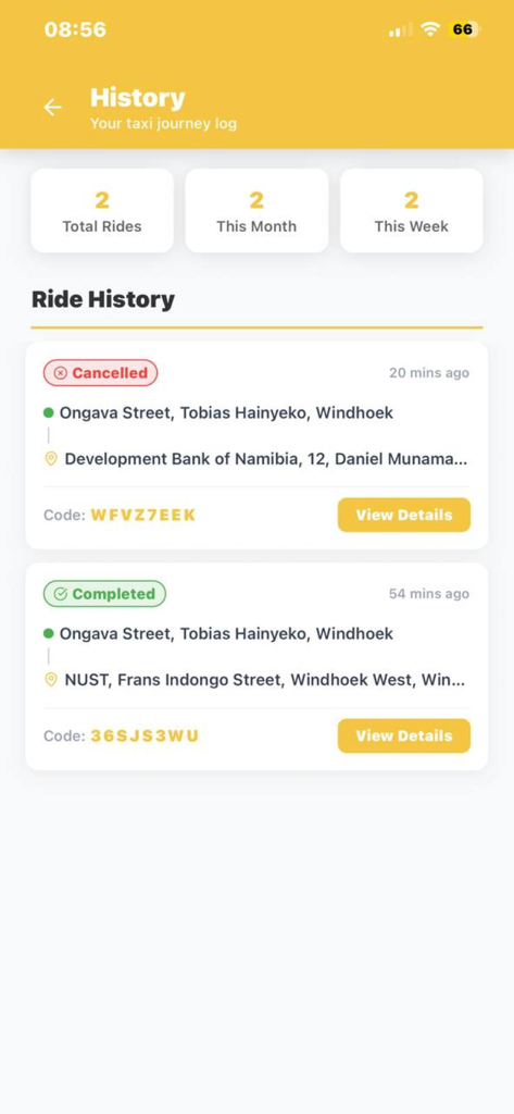 Ride history screen showing a log of recent taxi trips and tracking codes in the Tsotsi Taxi app