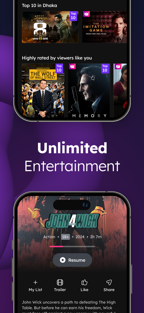 Interfaccia dell'app Toffee che mostra film di tendenza a Dhaka e una pagina di dettagli del film per John Wick Chapter 4