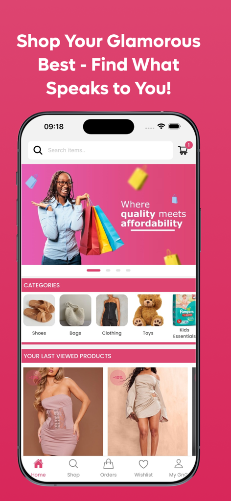 Glam n' Go - Glam n Go app home screen displaying fashion and family shopping categories
