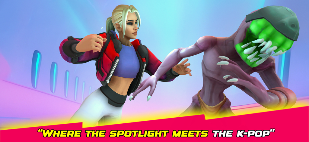 Kpop idol fighting a demon in a 3D combat arena