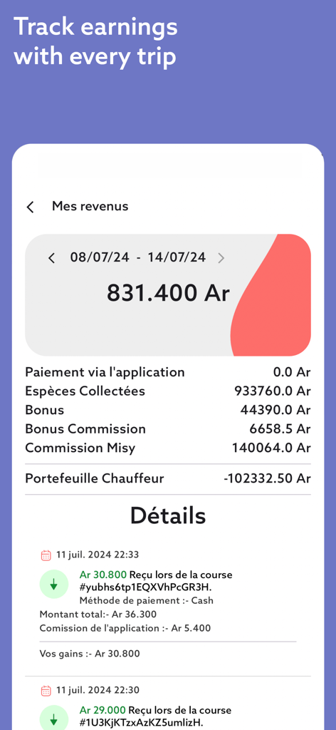 Misy Driver app earnings dashboard showing weekly revenue and trip details