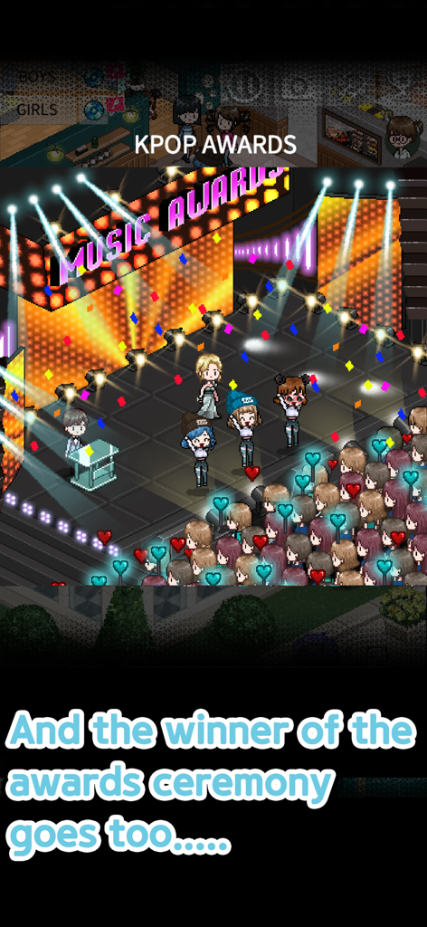 K-POP Idol Producer - Pixel art K-pop idols standing on stage during a music awards ceremony with a cheering crowd holding light sticks