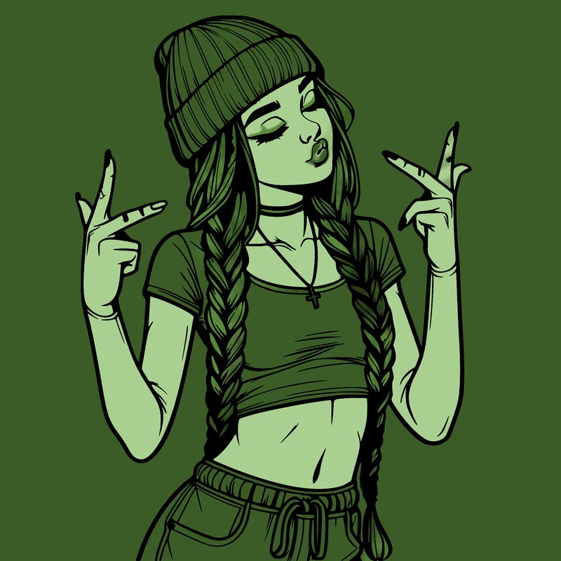 realistic teenage girl with braids and a beanie and crop top doing 🫶🏼