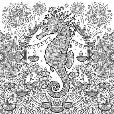 Discover the magic of Diwali intertwined with the majestic beauty of a Barbour's Seahorse in this unique coloring template. This intricate design offers a blend of festive joy and aquatic wonder, perfect for inspiring creativity.