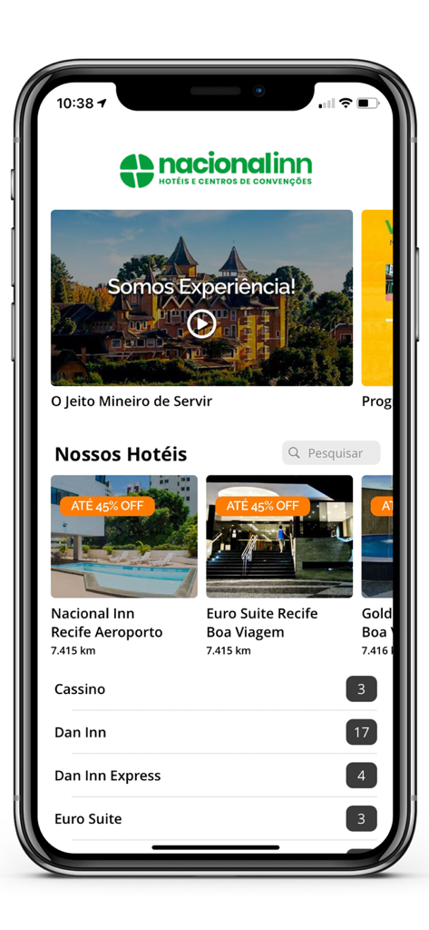 Nacional Inn Hotéis - 할인 및 검색 옵션이 있는 호텔 목록을 보여주는 Nacional Inn Hotéis 앱의 홈 화면.