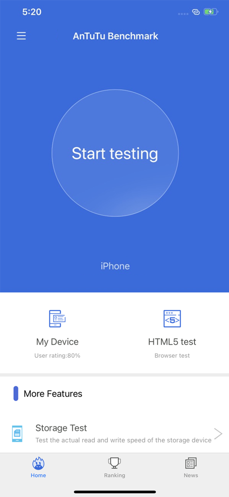 AnTuTu Benchmark app home screen with a Start testing button on an iPhone