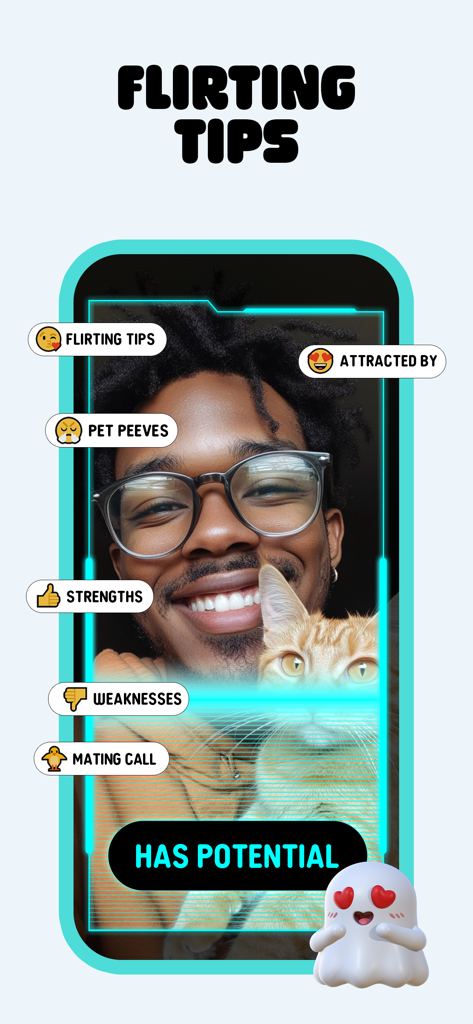 Boo dating app profile screen showing personality analysis and flirting tips for a user.