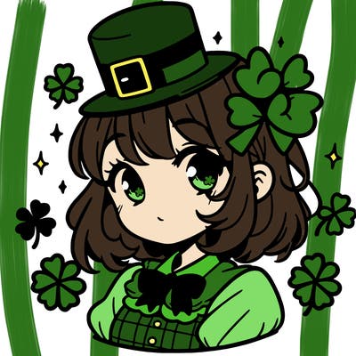 a manga-style girl with clovers around her, a little hat in her hair, like it's saint patrick's day
