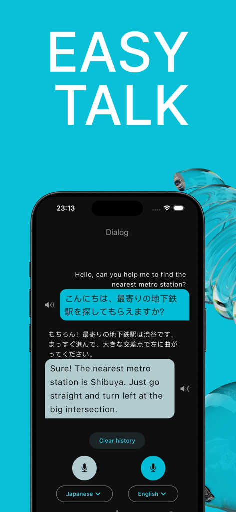 Offline Translator: Phrasify - Captura de pantalla de la aplicación Phrasify que muestra una conversación traducida entre inglés y japonés con un encabezado de Easy Talk.