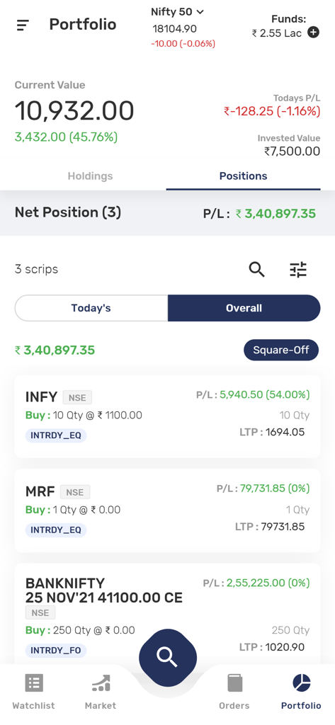 Inventure Growth & Securities - Inventure Growth app portfolio screen showing net positions and profit loss for Indian stock market investments.