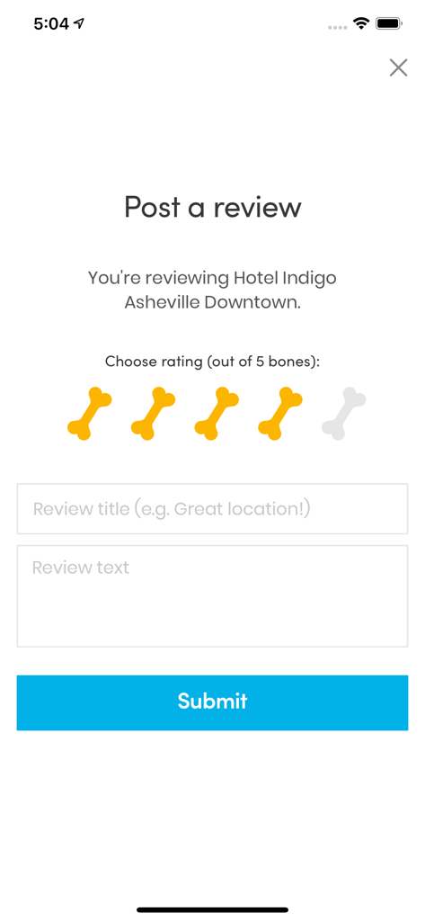 BringFido app interface for posting a hotel review featuring a five bone rating system and submission form