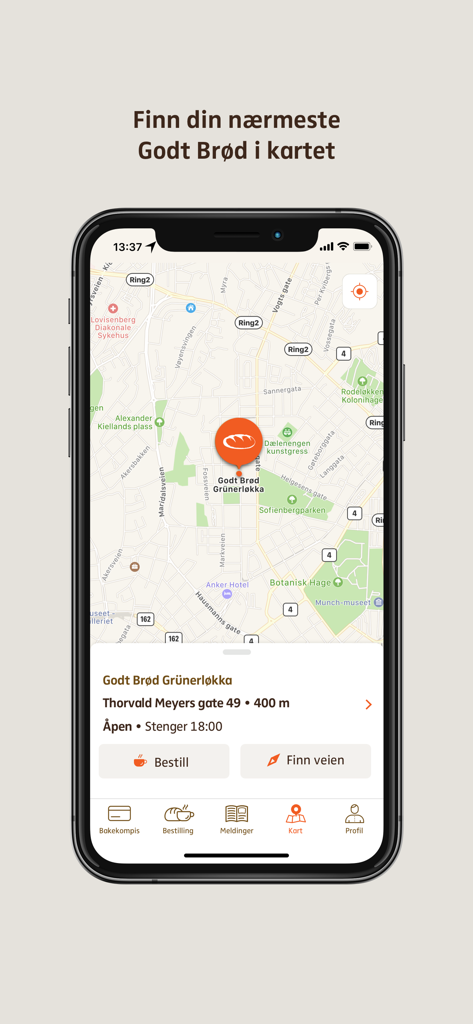 Godt Brod Bakekompis app screen showing a map with a bakery location and options to order or get directions