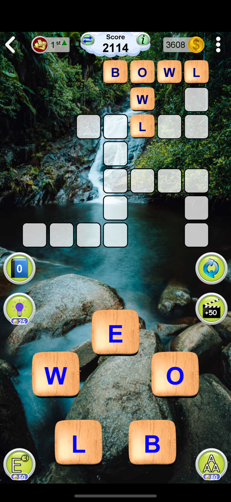 Arrow Crossword & Other Games - Gameplay of the Word Connect mode in the Arrow Crossword app featuring a scenic nature background