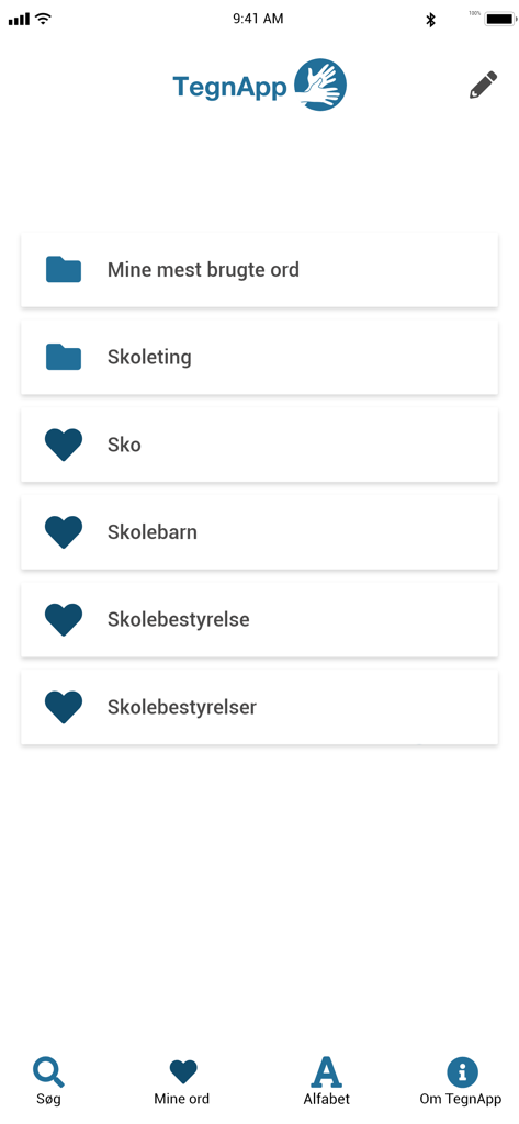 Interfaz de TegnApp mostrando carpetas y palabras favoritas en el diccionario de lengua de señas danesa.