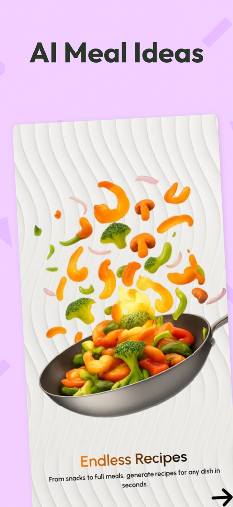 RecipifyAI AI Recipe Generator - RecipifyAI app screen showing AI meal ideas with vegetables being tossed in a pan