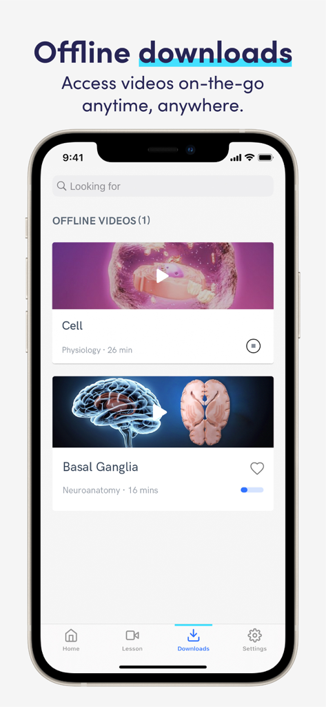 MediMagic app interface showing the offline downloads section with medical videos on physiology and neuroanatomy