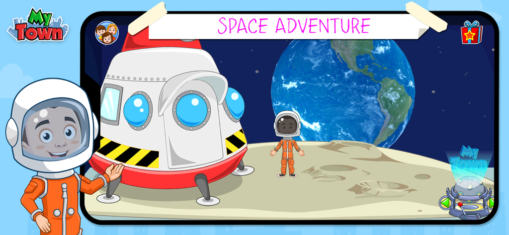 My Town : Museum History - 宇宙冒険の展示で、ロケット船の隣で月面にいる宇宙飛行士の衣装を着た子供のキャラクター。