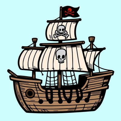 pirate ship – a small pirate ship with sails and a flag.
