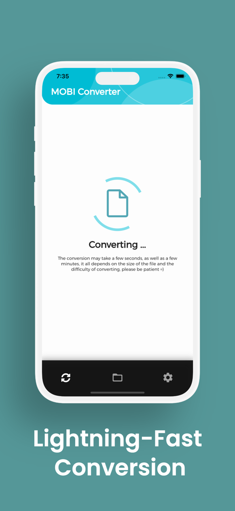Pantalla de la aplicación MOBI Converter mostrando un proceso de conversión de ebooks ultrarrápido en un iPhone.