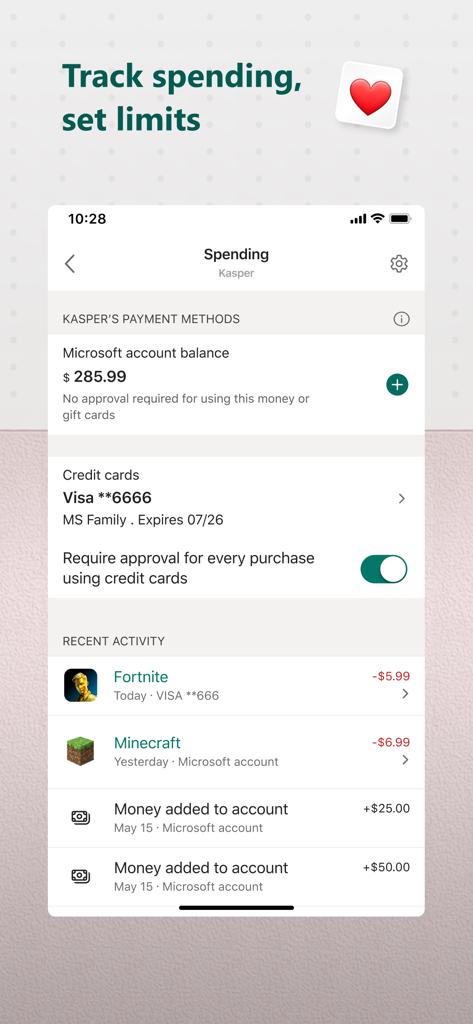 Microsoft Family Safety - Microsoft Family Safetyの保護者向けダッシュボード。子供のお金遣いのアクティビティと購入承認設定が表示されています。