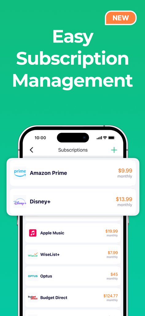 WiseList mobile app screen displaying an easy subscription management interface with a list of monthly expenses