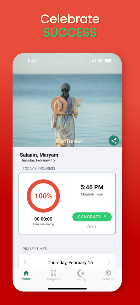 FastTrekker: Ramadan & Prayer - FastTrekker app screen showing one hundred percent fasting progress with a celebratory message
