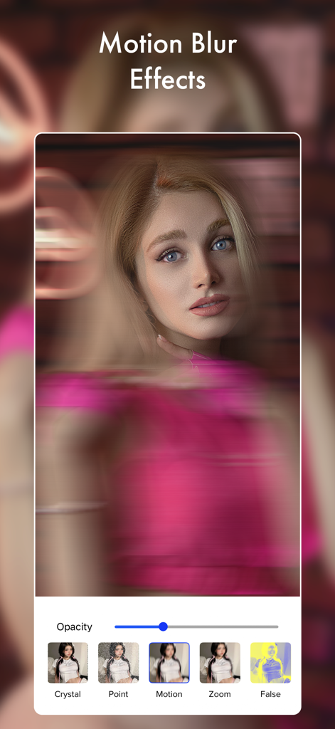 Blur Photo Background Effects - Efeito de desfoque de movimento aplicado a um retrato de mulher no editor de fotos