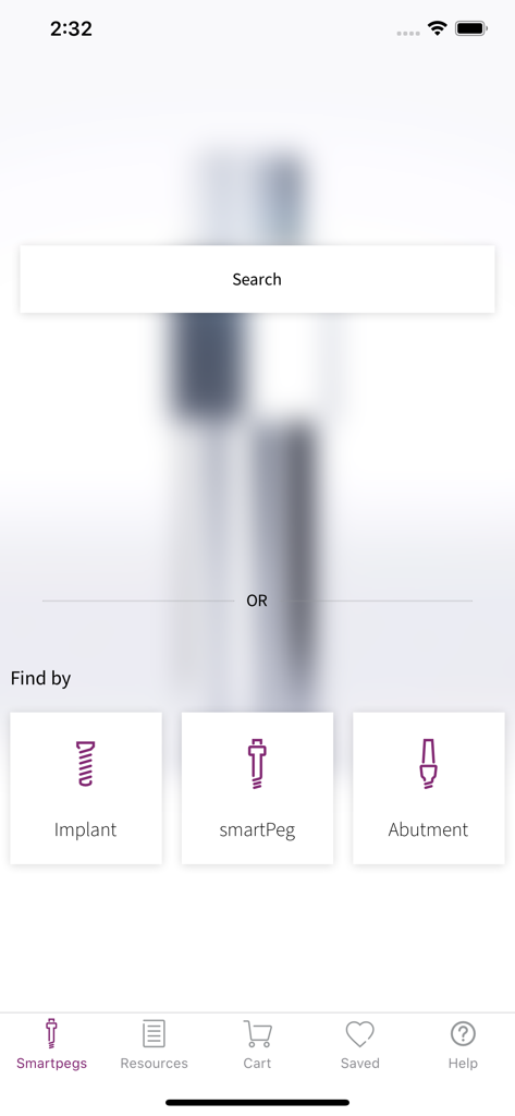 Tableau de bord de recherche pour l'application Osstell SmartPegs proposant des options pour trouver des composants par smartPeg d'implant ou par pilier.