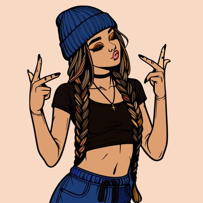 realistic teenage girl with braids and a beanie and crop top doing 🫶🏼