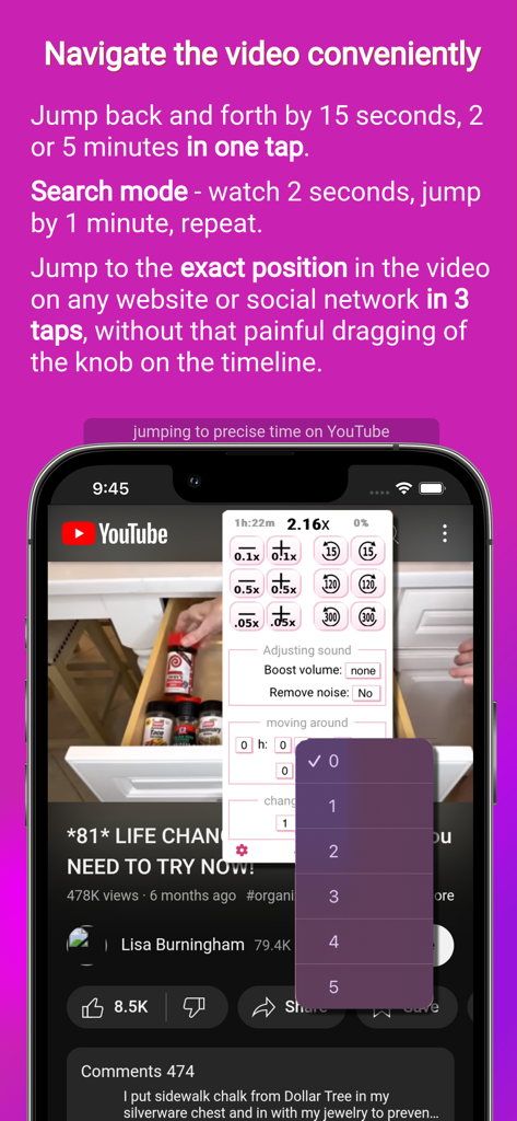 ClipGlider app interface showing precise navigation and time jump controls over a YouTube video on an iPhone.