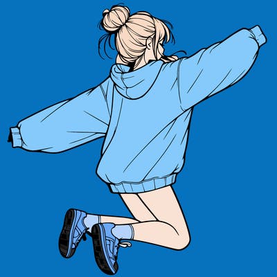 realistic girl jumping with a bun and oversized sweatshirt