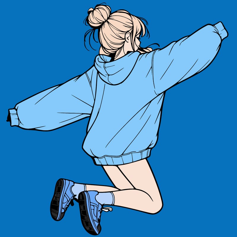 realistic girl jumping with a bun and oversized sweatshirt