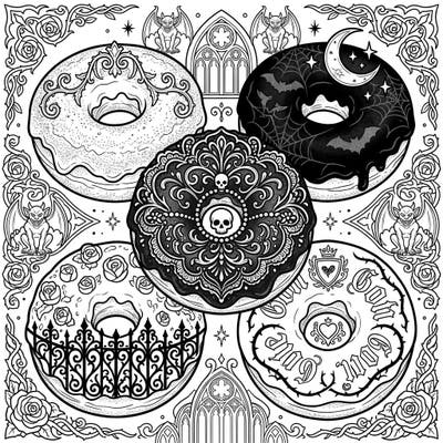 Dive into a delicious yet dark coloring experience with our Gothic Cake Doughnuts page. This intricate design blends ornate Victorian elegance with spooky elements, offering a truly unique artistic challenge.