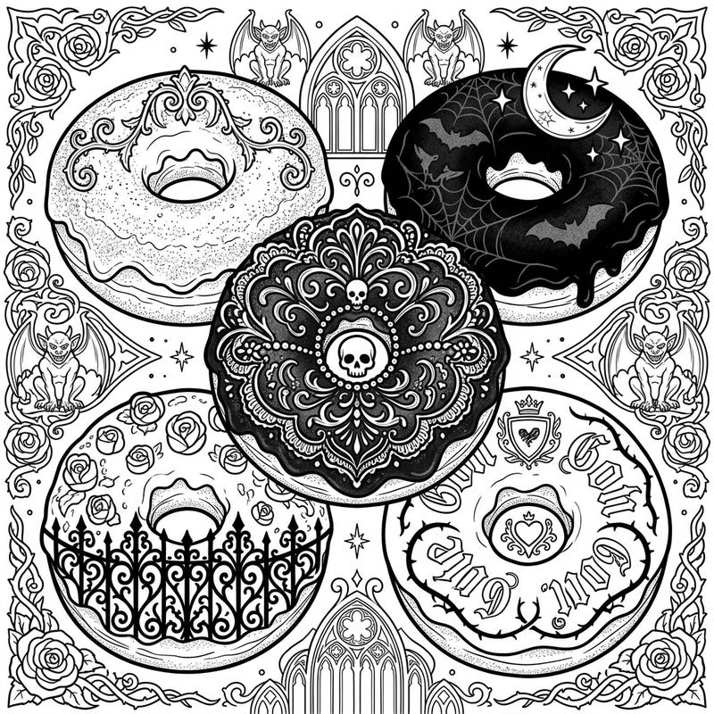 Dive into a delicious yet dark coloring experience with our Gothic Cake Doughnuts page. This intricate design blends ornate Victorian elegance with spooky elements, offering a truly unique artistic challenge.