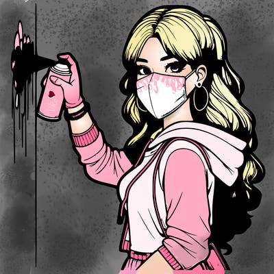 realistic girl with mask spray painting a wall