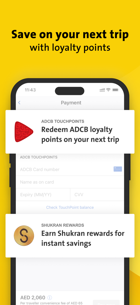 Cleartrip ME | Flight & Hotel - Cleartrip app payment screen displaying ADCB and Shukran loyalty rewards options