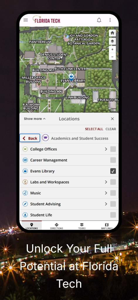 Florida Tech Hub - Florida Tech Hub mobile app displaying an interactive campus map and building locations menu