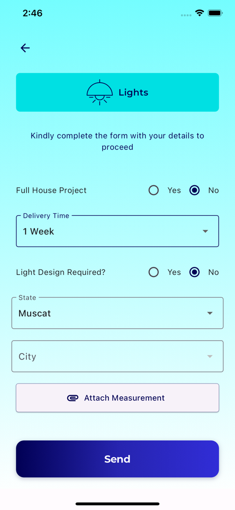 Quotation | كوتيشن - A mobile app interface for a lighting service request form featuring options for project scope, delivery time, and location details.
