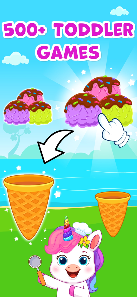 Gioco educativo di smistamento per dimensioni per bambini con coni gelato e un simpatico personaggio unicorno
